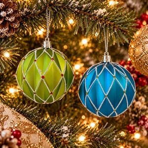Pair Green & Blue Caged Decorative Ball Ornaments Christmas Holiday Decor